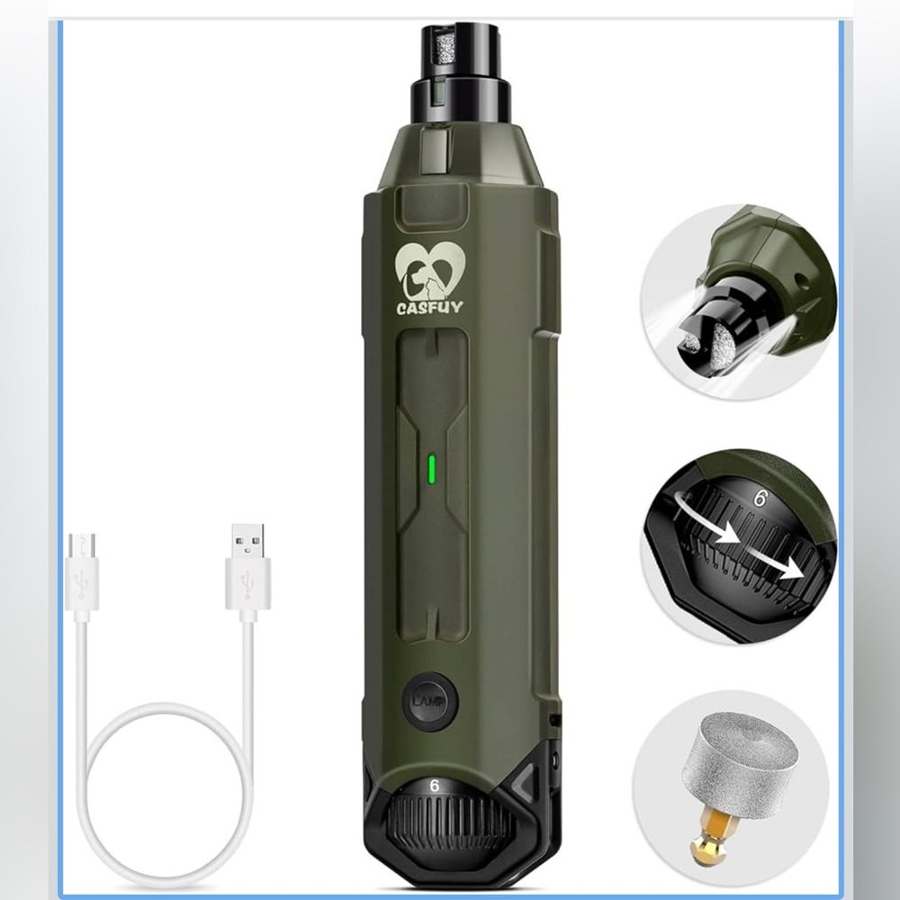 Casfuy. Professional Dog Nail Grinder -Army Green with 2 Dimond Replacements